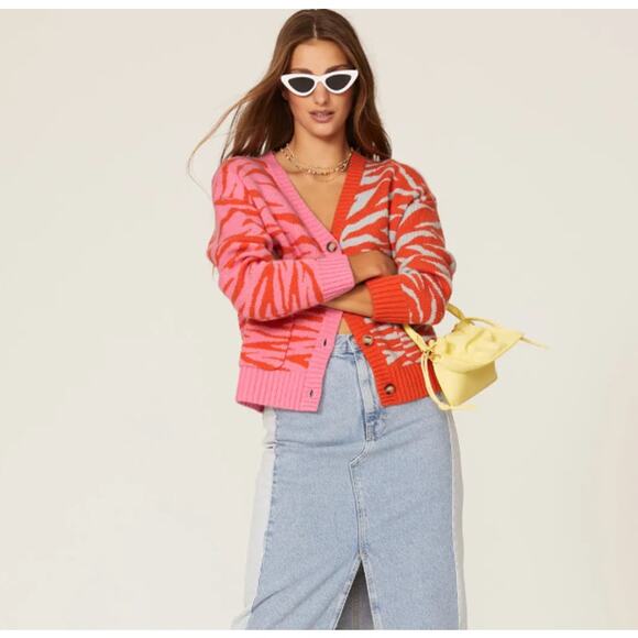 Rachel Antonoff Colorblocked Cori Zebra Print Cardigan (Medium) - Picture 6 of 6